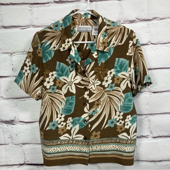 Alfred Dunner Boxy Collard Brown Floral Button Up Short Sleeve Top SZ 14P EUC - Picture 1 of 8